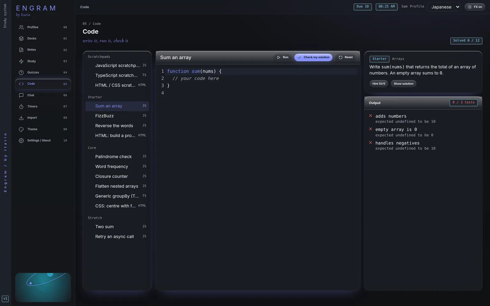 The Code section with an exercise open in the editor and passing test results below