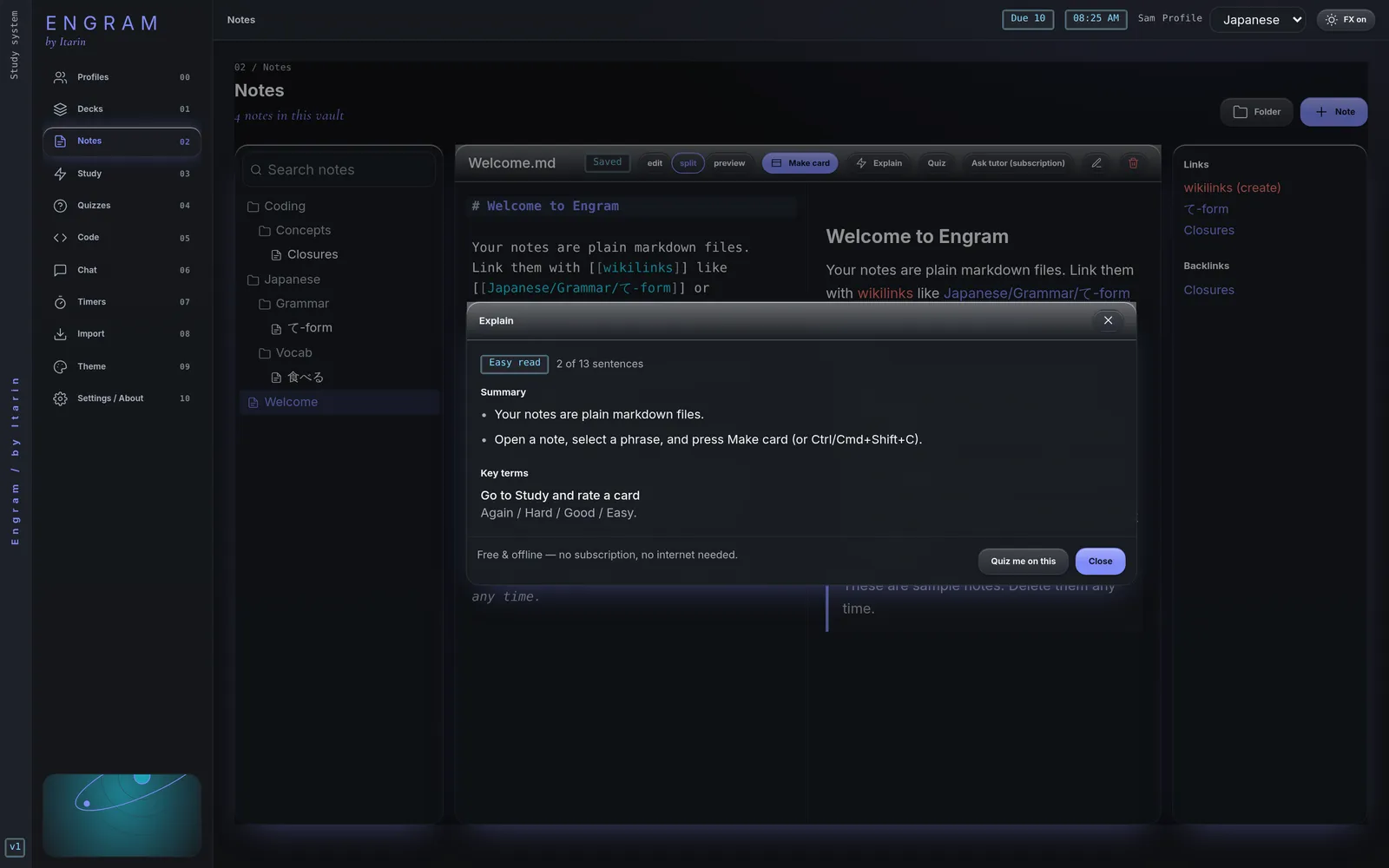 The Explain window with a reading level badge, a short summary of the note and its key terms