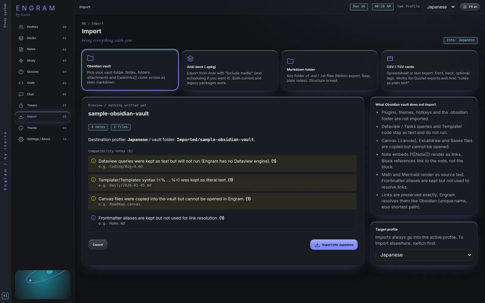 The Import preview for an Obsidian vault listing what will be added and what will not carry over