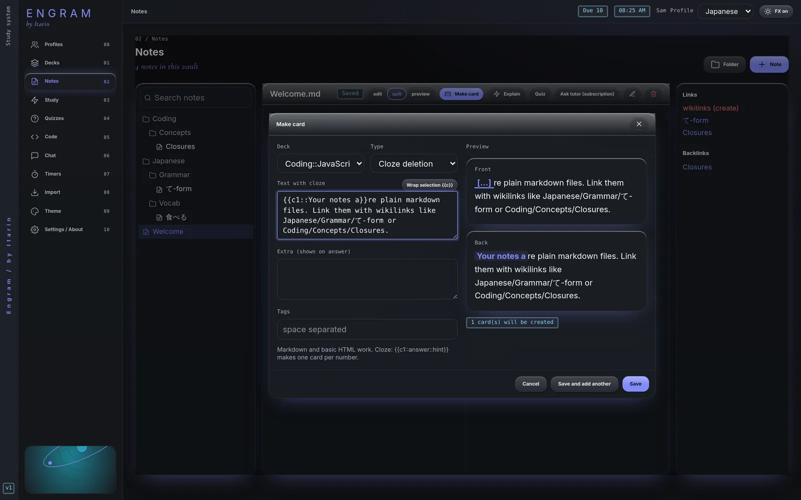 The Make card dialog creating a cloze card from selected text, with a preview of the front and back