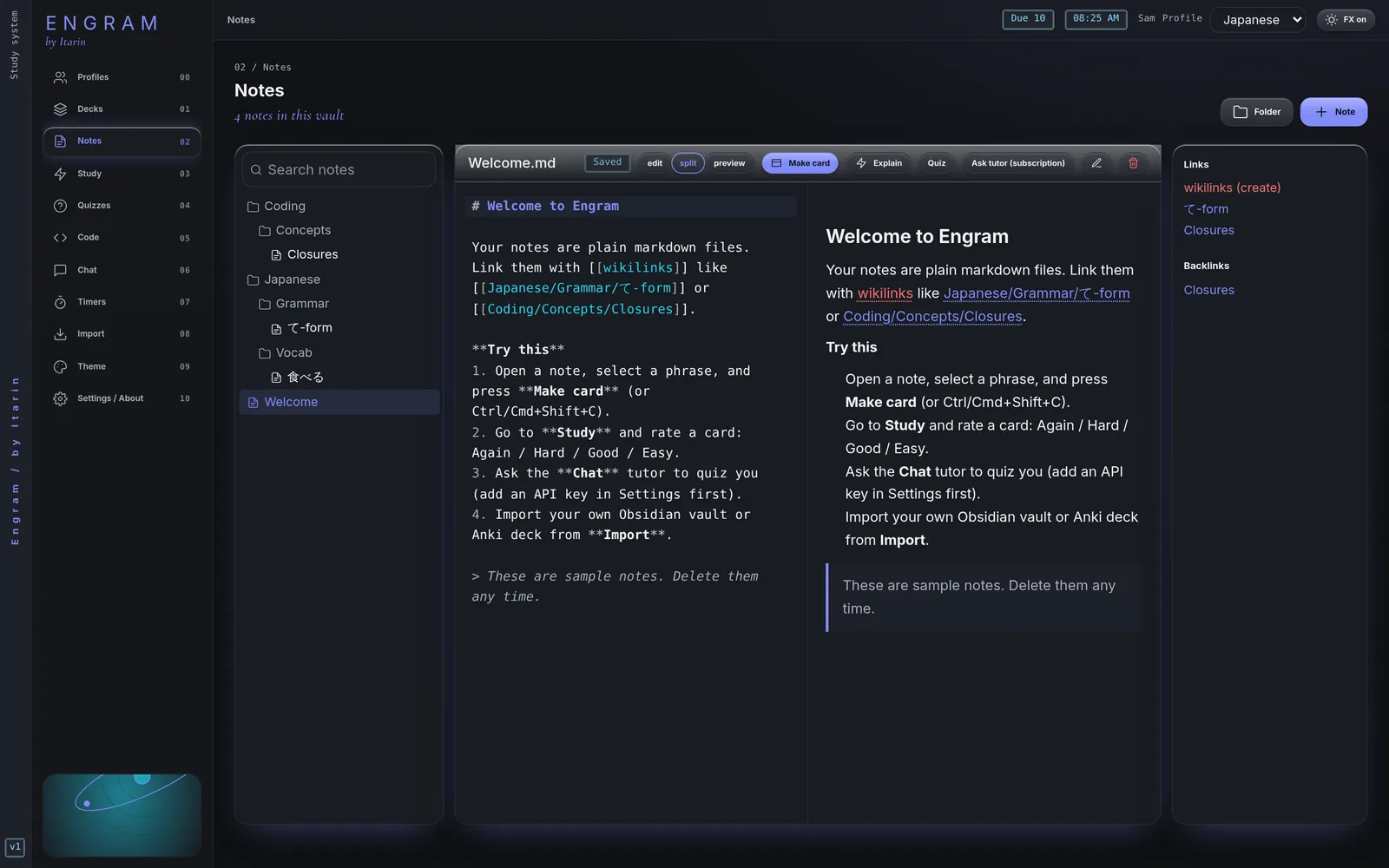 The Notes section with a folder tree, a markdown note in split editor and preview view, and a links and backlinks panel