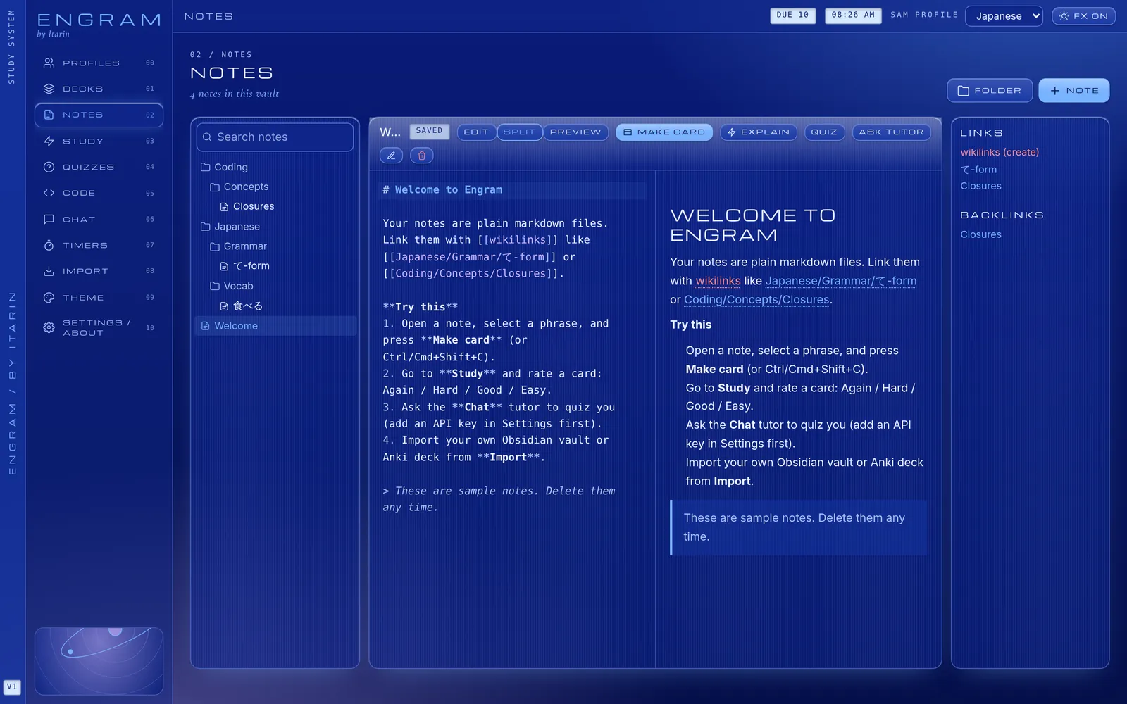 The Notes screen in the retro Flip Cobalt theme, with deep blue glass panels and uppercase headings