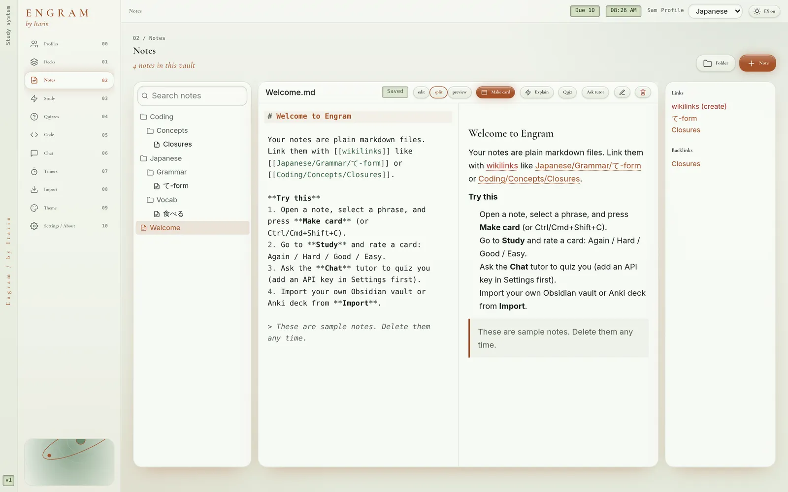 Engram’s Notes section in the Meadow theme, with warm sage and terracotta colours