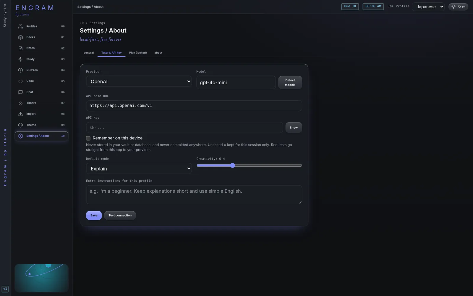 Settings, Tutor and API key: provider, model, base URL, API key, default mode, creativity and extra instructions