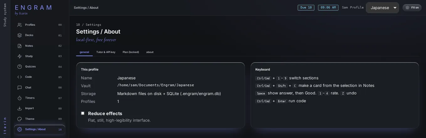The Settings section, General tab, showing this profile’s details, Reduce effects and a keyboard shortcut list
