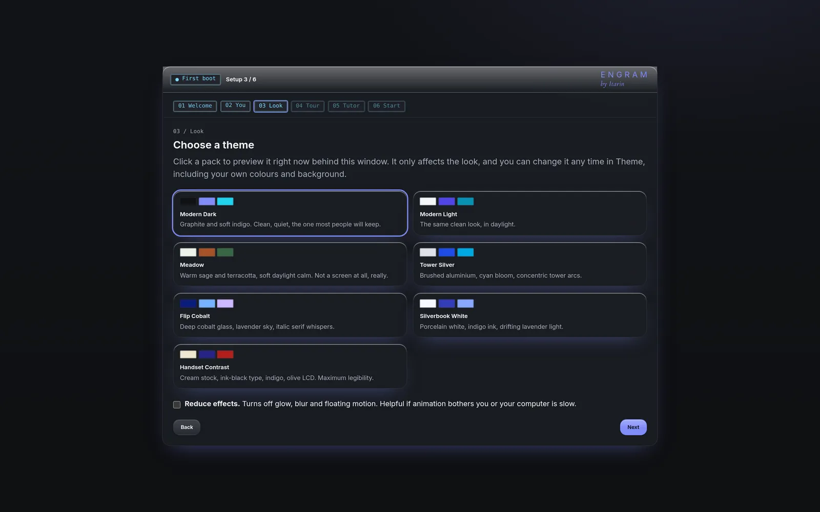 The Look step showing the seven theme packs with colour swatches, and the Reduce effects option