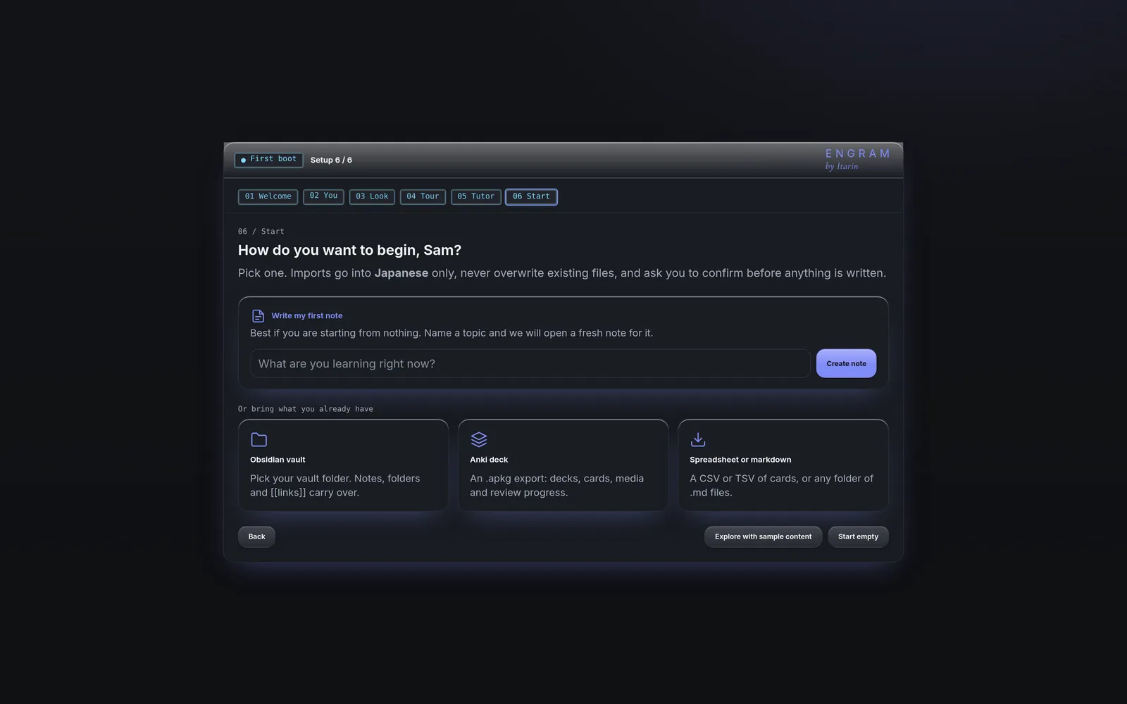 The Start step with the choices: write a first note, import from Obsidian, Anki or a spreadsheet, explore with sample content, or start empty