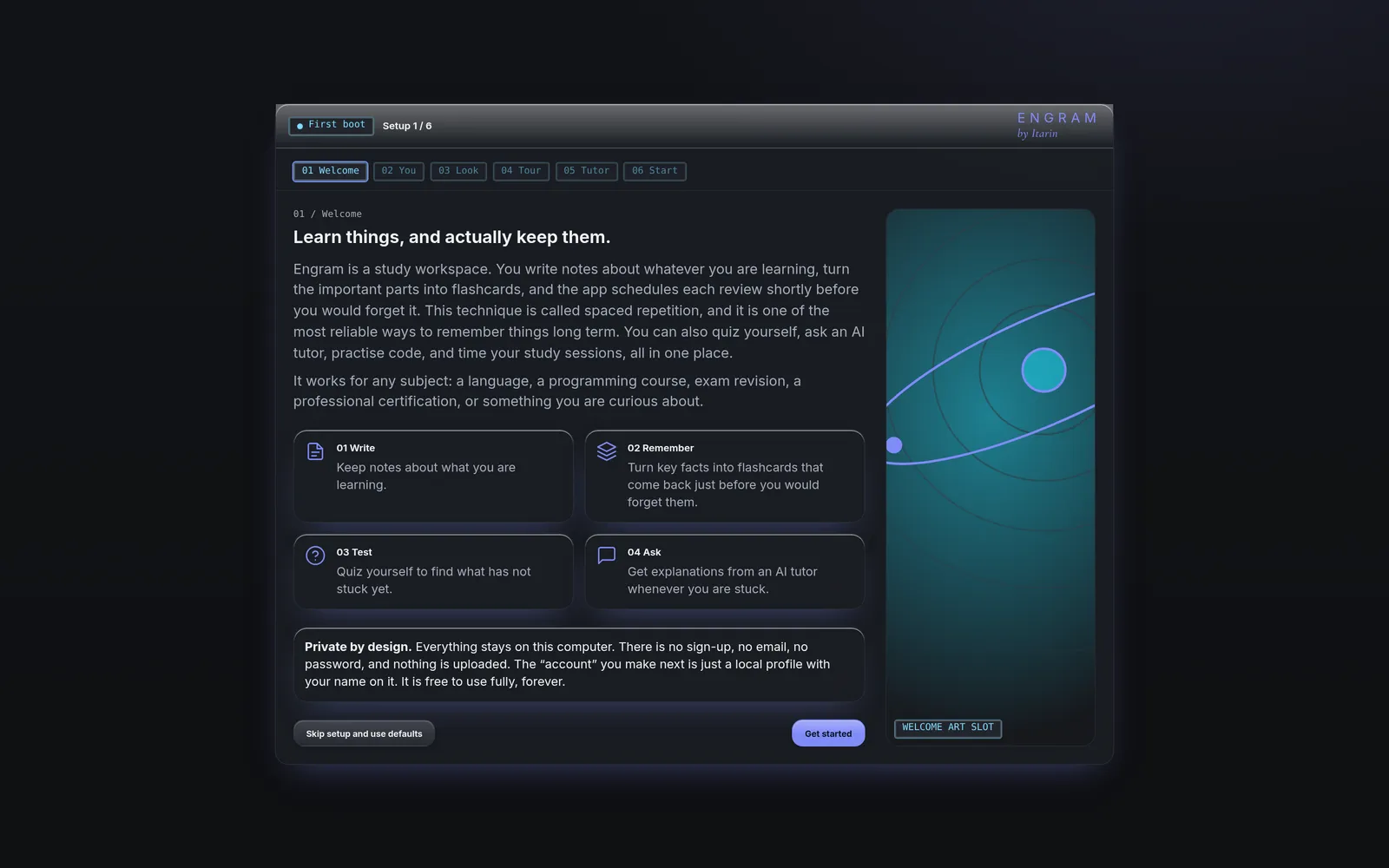 The first setup screen, titled “Learn things, and actually keep them”, explaining the write, remember, test and ask loop