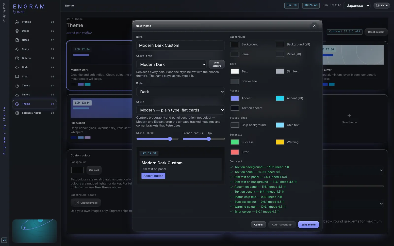The theme editor with colour controls and a pass or fail contrast checklist