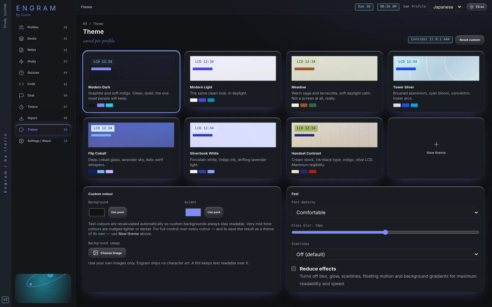 The Theme section showing the seven theme packs, custom colour controls and effect settings