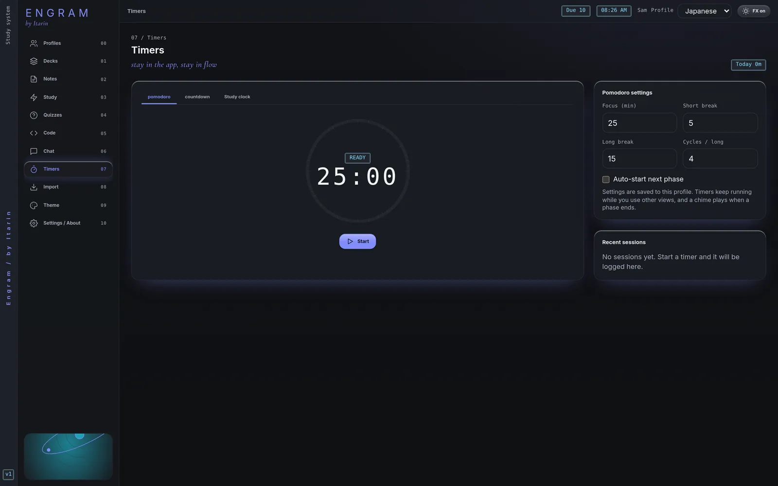 The Timers section with a Pomodoro timer, its settings and a list of recent sessions